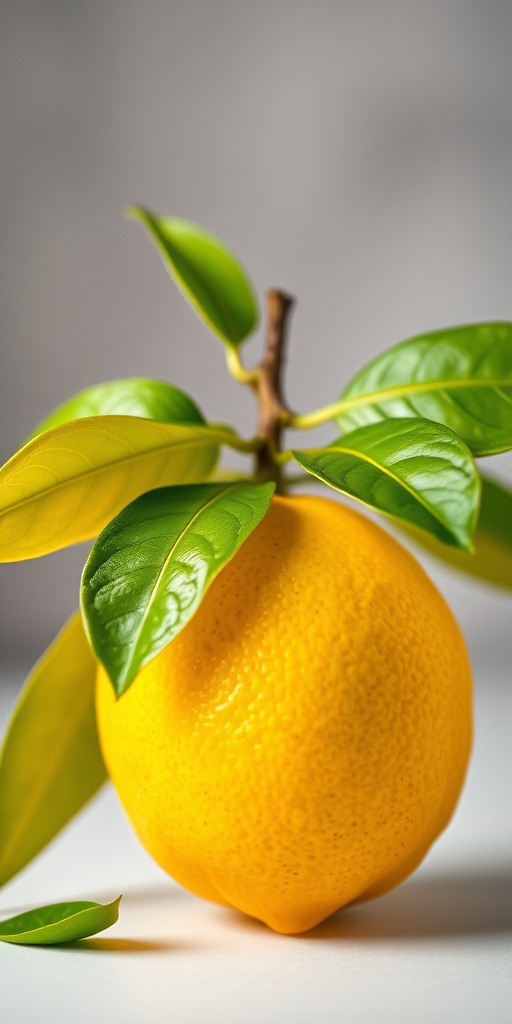 Generate a high-resolution image of a fresh lemon with vibrant yellow color and green leaves, using a Canon EOS R5 camera, 85mm lens, aperture f/2.8, ISO 100, and a soft-focus background to enhance the subject clarity.