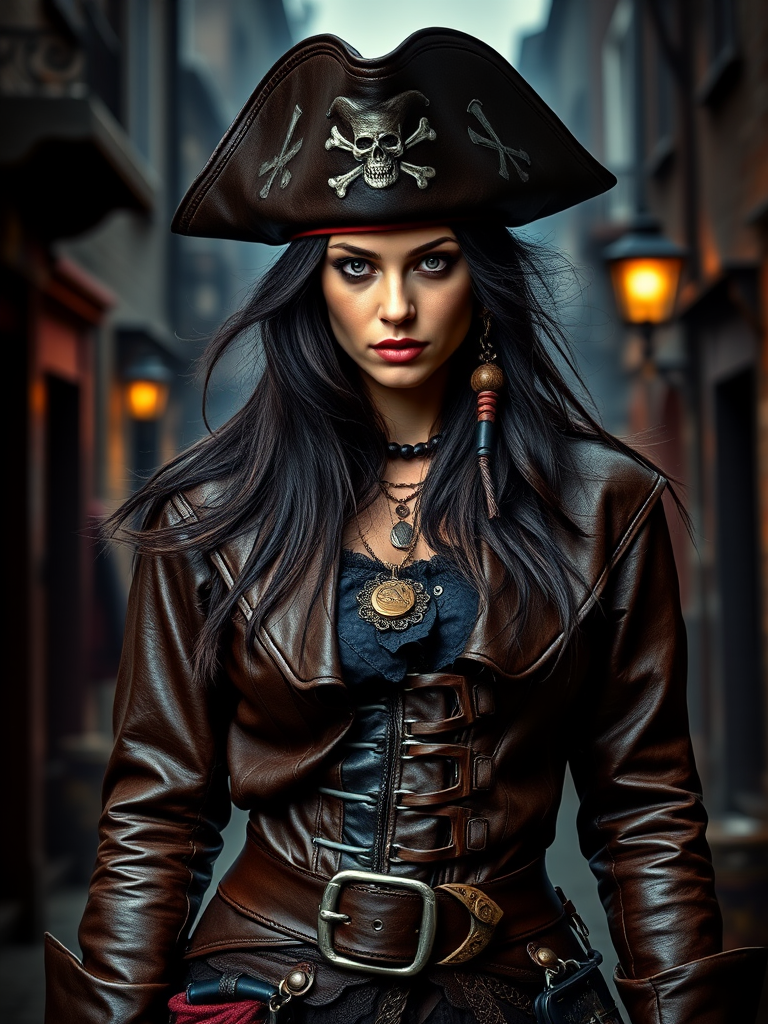 Create a portrait of a fierce female pirate. She wears a leather tricorn hat adorned with a skull and crossbones emblem, and her long, dark hair flows around her face. Her outfit consists of a richly detailed leather jacket, a corset, and multiple layers of belts and accessories, giving her a formidable and stylish appearance. She stands confidently in a dimly lit, historic port town, with a backdrop of weathered buildings and cobblestone streets, capturing the adventurous spirit of a pirate.
