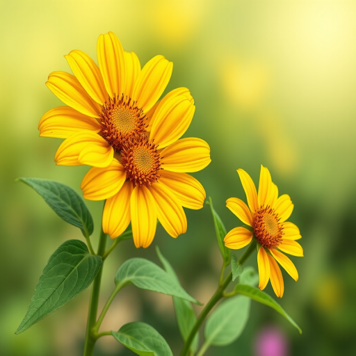 Create a vibrant illustration of two yellow flowers with detailed petals and green leaves on a natural background, using a DSLR camera with a 50mm lens at f/2.8, ISO 100, and a shallow depth of field for a soft background effect, captured from a slightly elevated angle for a dynamic view.