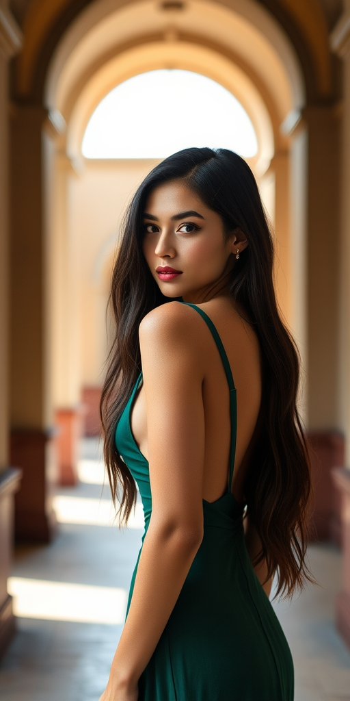 Create a high-resolution portrait of a woman with long dark hair wearing a backless green dress, captured in a softly lit architectural setting with arches, using a Canon EOS R5 camera, 85mm lens, f/1.8 aperture, ISO 100, and natural lighting.