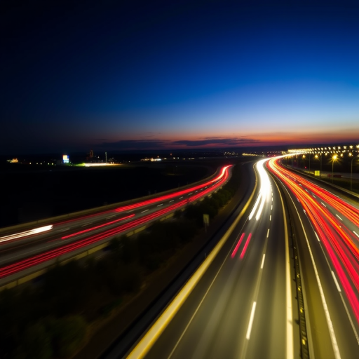 long exposure shot of a highway at dusk capturing light trails from moving vehicles, f/11 aperture, ISO 100, 30 seconds exposure time, shot from a high vantage point with a wide-angle lens on a DSLR camera, vibrant colors with a focus on red and white light trails against a dark background