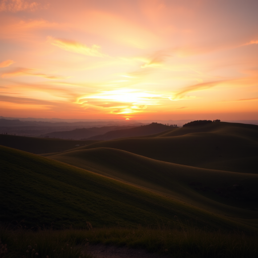 Create a high-resolution image of a serene landscape featuring rolling hills under a vibrant sunset sky, shot with a Canon EOS R5, 50mm lens, aperture f/1.8, ISO 100, with a shallow depth of field for a soft background blur, using a warm color palette.