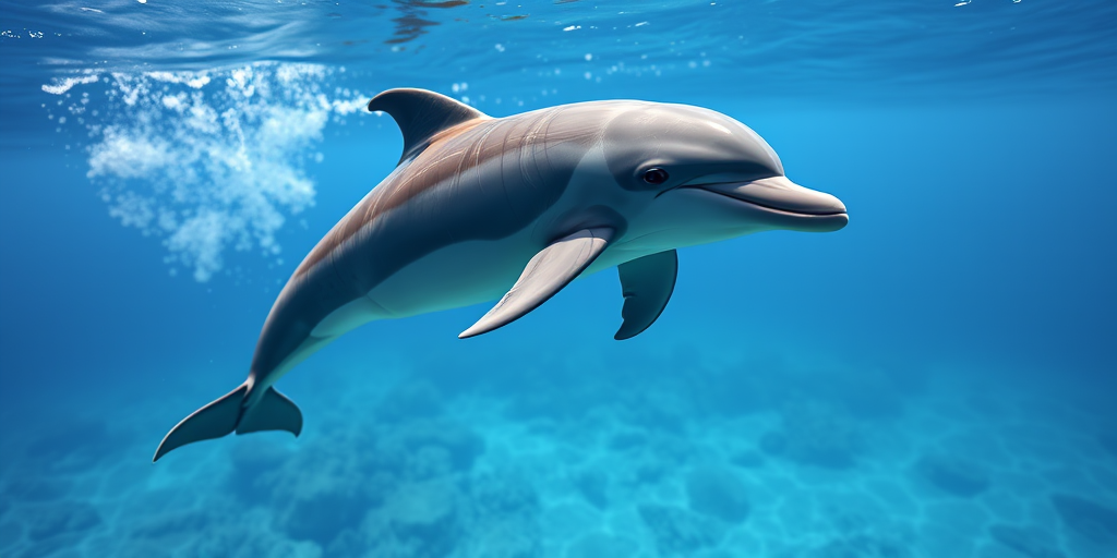 Create a high-quality image of a dolphin swimming gracefully in a vibrant ocean setting, using a DSLR camera with a 50mm lens at f/2.8, ISO 100, shutter speed 1/200 sec, capturing in wide-angle perspective for a dynamic view.