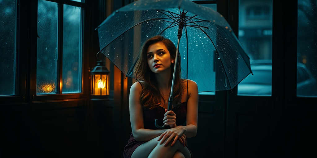 A woman sitting with an umbrella in a rainy room, with a vintage lantern casting warm light, soft focus, taken with a DSLR camera at f/2.8, ISO 200, 50mm lens, natural light, slightly overexposed to enhance the atmosphere.