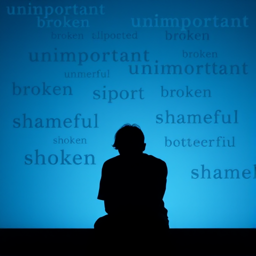 Create an image of a silhouette of a person sitting with their head down, surrounded by words like "unimportant," "broken," and "shameful" in a gradient blue background, using a Canon EOS R5 with a 50mm f/1.2 lens, aperture set to f/2.8, ISO 100, shot at a 45-degree angle to enhance depth and focus.