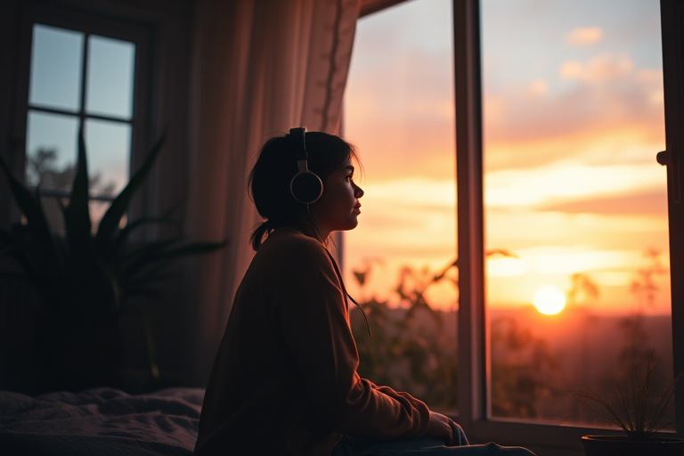 a cozy room at sunset with a girl sitting by the window wearing headphones, lost in thought, soft warm lighting, plants in the background, a peaceful atmosphere