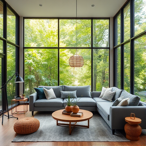 interior of a cozy living room with large windows showcasing lush greenery outside, featuring a sectional sofa with grey cushions, a round wooden coffee table, and natural decor elements, soft afternoon lighting, camera settings: ISO 400, aperture f/4, shutter speed 1/60, camera view: wide angle, camera style: modern minimalistic, camera type: DSLR