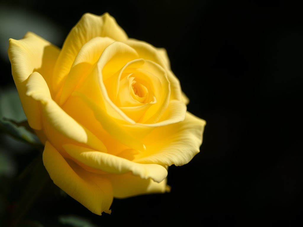 a close-up of a soft yellow rose in full bloom, captured in natural light with a shallow depth of field, using a DSLR camera at f/2.8 aperture, ISO 100, 50mm lens, and a slight tilt to create a dynamic composition with a blurred dark background