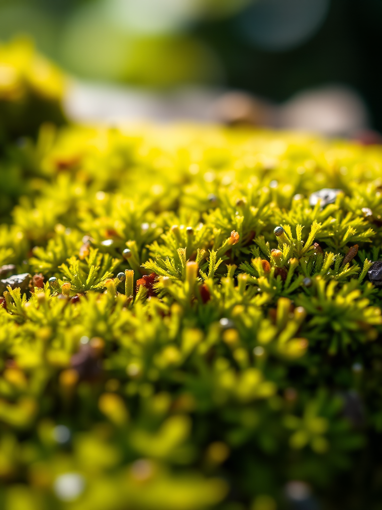 macro shot of vibrant moss with rich textures in soft natural light, f/2.8, ISO 200, 1/250s, focused on the details, taken with a DSLR camera using a 100mm macro lens.