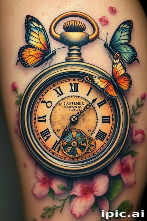 Photorealistic color tattoo called "Time Capsule" depicting a vintage pocket watch with its gears exposed, surrounded by butterflies in mid-flight and delicate flowers, with hyperrealistic details such as light reflections on metal surfaces and subtle color transitions in the flora and fauna