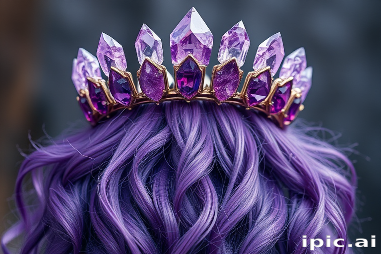 Mystical amethyst crystals form a regal crown atop cascading violet locks, infused with shimmering quartz dust for a truly magical and healing aura