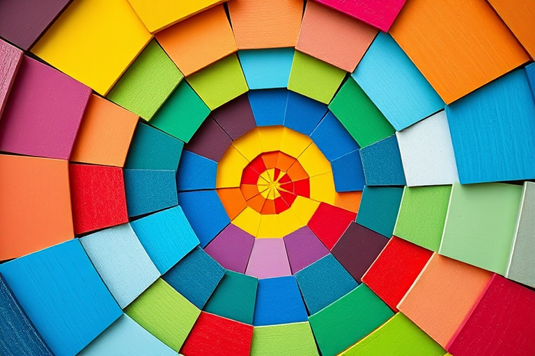 Create a vibrant spiral pattern of colored squares radiating outward, with a Canon EOS R5 camera, 50mm lens, f/1.8 aperture, ISO 100, 1/200s shutter speed, captured from a top-down view using a macro photography style for enhanced detail and clarity.
