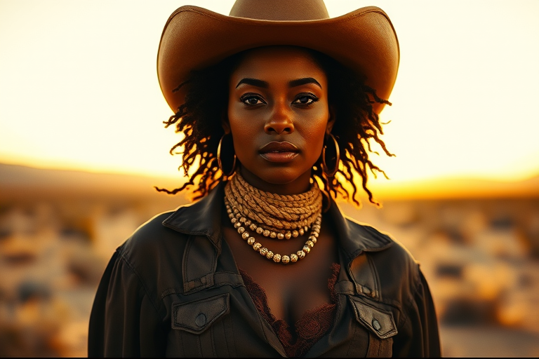 Dramatic photo of a beautiful Afro-Caribbean woman, classic cowboy attire, confident and free spirit expression, half-length portrait, centered, golden hour desert landscape, warm, diffused light, low angle, medium format film camera, in style of Annie Leibovitz.