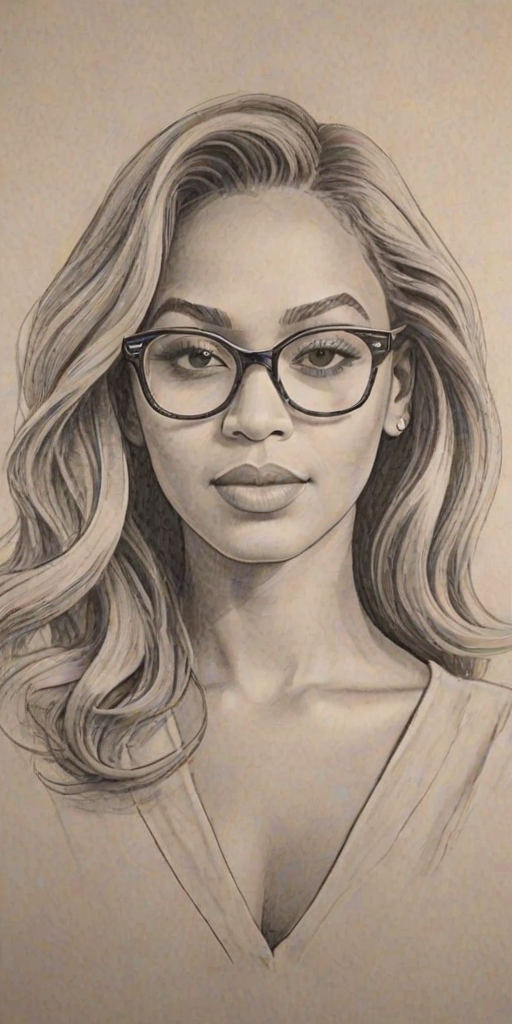 Charming Beyonce, pencil sketch, portrait of Appealing woman 1943s in glasses, hair style beatnik, outline, clear lines, fine lines, 8k