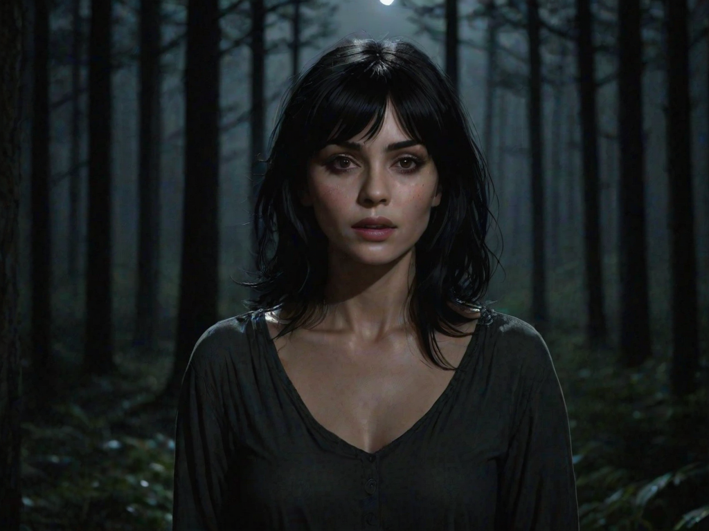 realistic image of a black haired woman, she is in a dark forest at night