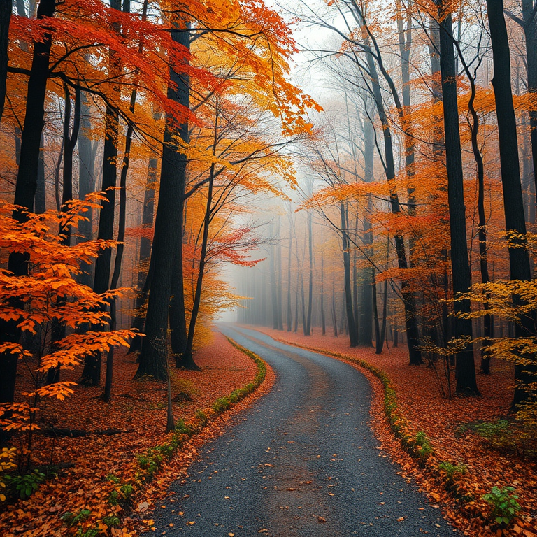 Generate an image of a winding forest path in autumn with vibrant orange and yellow leaves, soft fog rolling in, captured with a DSLR camera at f/8, ISO 200, shutter speed 1/125 sec, taken from a low perspective to emphasize depth in the scene.