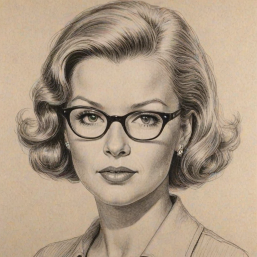 Fascinating Barbara Niven, pencil sketch, portrait of Enchanting woman 1953s in glasses, hair style beatnik, outline, clear lines, fine lines, 8k