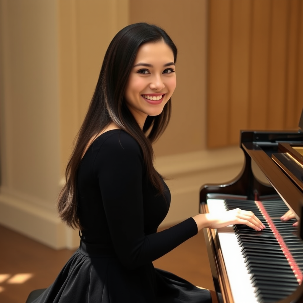 A young woman with long, dark hair smiles at the viewer as she sits at a grand piano, her right hand poised over the keys. The scene is lit by warm, natural light, highlighting the elegant simplicity of the woman's black dress. The perspective is from the side, emphasizing the contrast between the woman's delicate form and the grand scale of the piano. The ivory keys and dark wood of the piano create a striking visual contrast, further emphasized by the rich black of her dress.