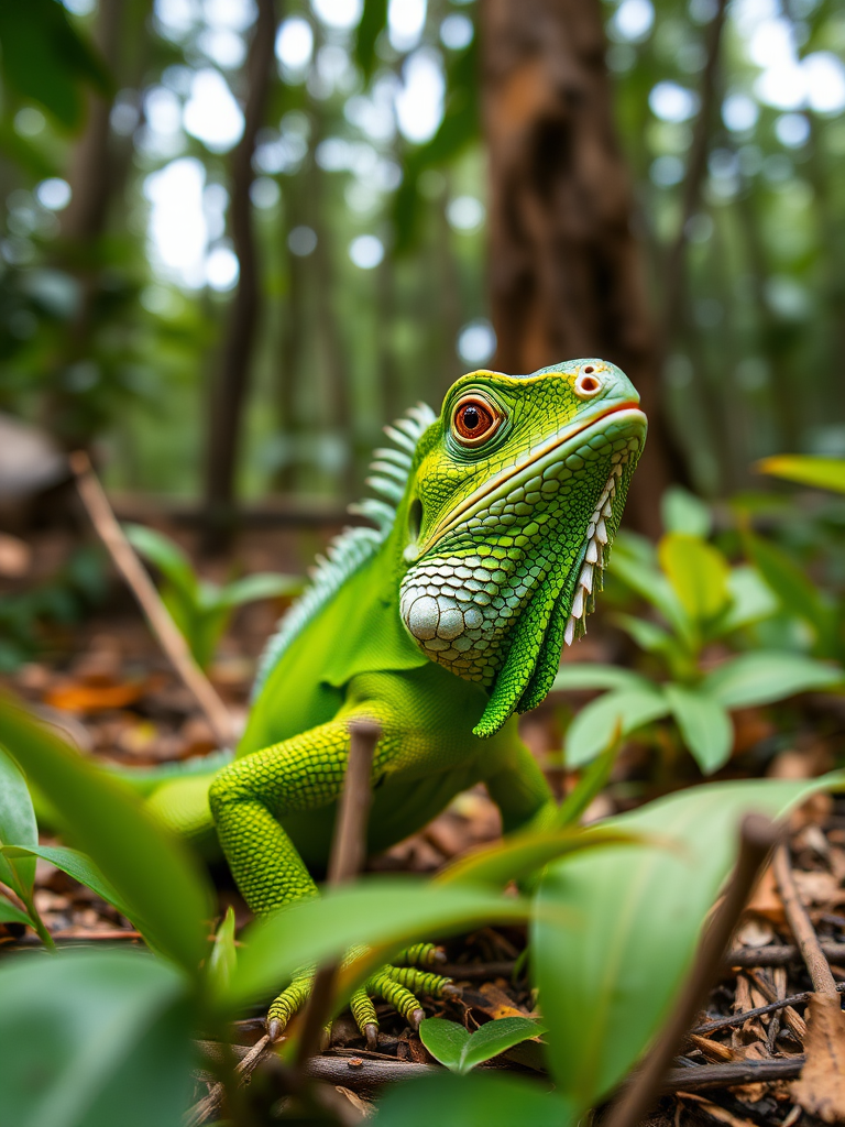 photograph a vibrant green iguana in a natural forest setting using a Canon EOS 5D Mark IV with a 100mm f/2.8 Macro lens at f/4, ISO 200, and 1/200 sec shutter speed for optimal detail and color, shot from a low angle to emphasize the texture of the iguana and surrounding foliage.