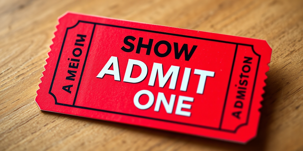 Create an image of a red admission ticket labeled SHOW ADMIT ONE with a glossy finish, captured with a Canon EOS 5D Mark IV at f/2.8, ISO 100, 50mm lens, with a shallow depth of field for enhanced focus on the ticket and a soft blurred background.