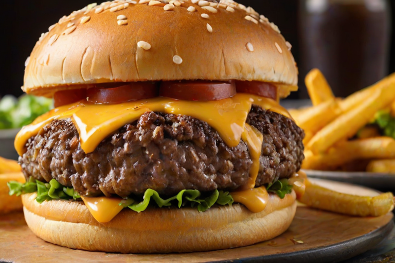 High-resolution, close-up image of a gourmet double cheeseburger. The burger features a glossy, sesame-seed-topped brioche bun. Inside, there are two thick, juicy beef patties, each topped with melted cheddar cheese. The burger is garnished with fresh lettuce, tomato slices, diced onions, and pickles. A generous amount of ketchup and a creamy, orange-colored sauce is dripping down the sides, adding to the mouth-watering appeal. In the background, there are blurred elements including a side of golden French fries and a hint of a beverage, enhancing the overall presentation of a delicious meal.