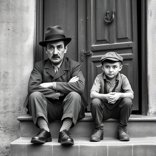 A black-and-white photograph of a man and a child sitting on steps in front of a doorway. The man is dressed as a tramp with a bowler hat, mustache, and ragged clothes, reminiscent of Charlie Chaplin's iconic look. He is sitting with his arms crossed and an expression of slight sadness or frustration. Next to him is a young boy, also in worn clothes and a cap, sitting with his hands clasped, looking thoughtful. The background is an old, textured wall and a partially open door, creating a vintage, early 20th-century atmosphere.