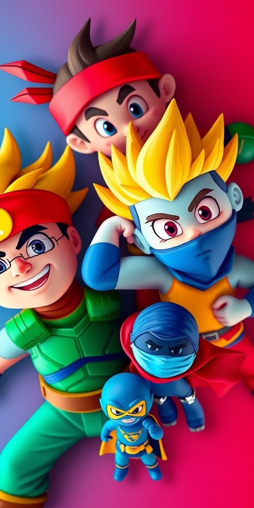 create an image of four cartoon characters in vibrant colors, the first character has a red headband and a cool pose, the second character has spiky yellow hair and an energetic expression flexing muscles, the third character is a blue ninja with green armor, and the fourth character is a small blue figure in a superhero cape, use a soft focus lens, set at f/2.8, ISO 100, shot with a digital SLR camera, top-down view, high saturation and contrast for enhancement