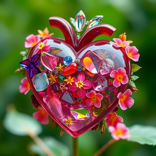 Create a vibrant, three-dimensional heart composed of glass-like textures and intricate flora, surrounded by sparkling gems and organic elements, in a rich green background, captured with a DSLR camera at f/1.8, ISO 100, 50mm lens, using a soft-focus effect for an ethereal atmosphere.
