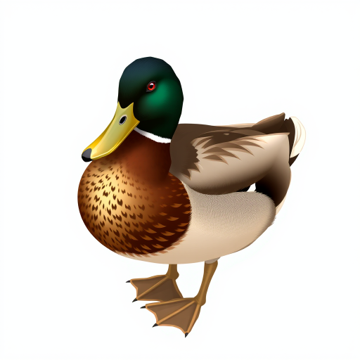 Create a detailed illustration of a duck with a brown and cream color pattern, using a DSLR camera, aperture set to f/2.8 for a shallow depth of field, ISO 100 for clarity, and a 50mm prime lens for sharpness, from a slightly low angle to emphasize its features.