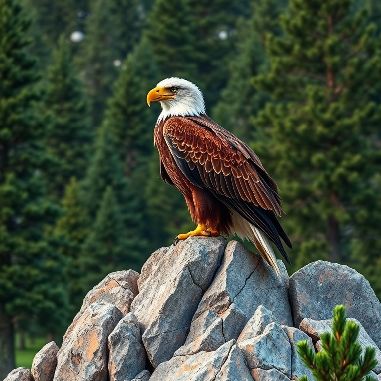 Create a highly detailed illustration of a majestic eagle perched on a rocky outcrop surrounded by pine trees, using a DSLR camera with a 50mm lens, aperture at f/2.8, ISO 100, in natural light, focusing on vibrant colors and sharp details to enhance image quality.