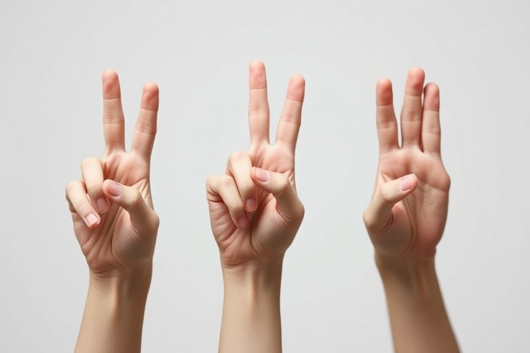 Create an image of three white hands showing the numbers one, two, and three against a plain background using a DSLR camera with a 50mm lens, f/1.8 aperture, ISO 200, and a soft-focus background for enhanced depth of field.