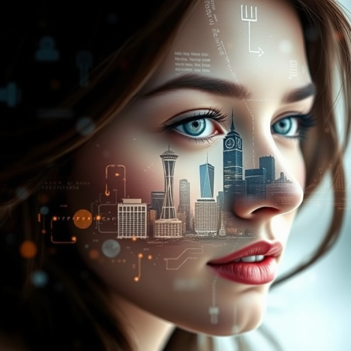 Generate an abstract image featuring a woman's face layered with a city skyline and digital icons, using a shallow depth of field, 50mm lens at f/1.8, shot from a slightly elevated angle, employing a high dynamic range photography style for enhanced clarity and contrast.