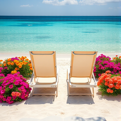 Create an image of two lounge chairs surrounded by colorful flowers on a sandy beach with a crystal-clear turquoise sea in the background, captured with a DSLR camera at f/8 aperture, ISO 100, 24mm focal length, in bright natural lighting, and a wide-angle perspective to enhance the vibrant colors and details of the scene.