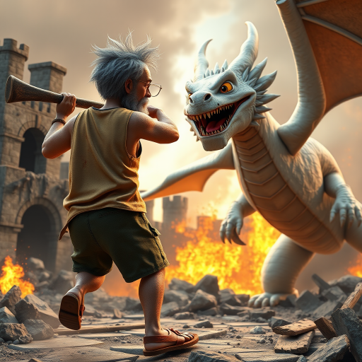 Cartoon 3D High-Resolution,dynamic battle scene using Unreal Engine 5 and Octane Render. The scene features back of an elderly, thai man with a beard,messy hair and round golden-rimmed glasses. He is wearing a tattered tank top with soot marks, shorts, and sandals. sweating. he wields a baseball bat. He jump to fight with a white fire-breathing Europe dragon amidst a partially destroyed stone castle. Include intense flames, smoke, and debris to enhance the dramatic effect.
