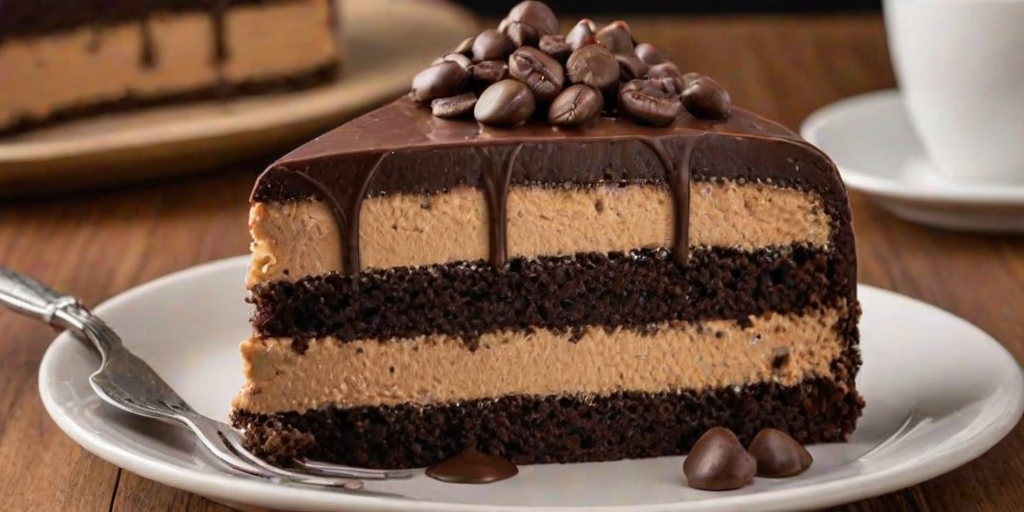 Generate an image of a slice of chocolate cake with layers of dark chocolate and creamy peanut butter frosting. The cake should be drizzled with chocolate sauce and topped with decorative swirls of frosting and chocolate-covered coffee beans. The slice is presented on a decorative white plate with a fork beside it, set against a wooden table background.