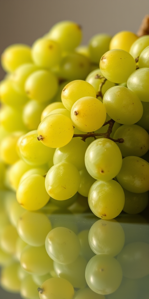 still life of green grapes on a reflective surface, soft lighting, macro lens, aperture f/2.8, ISO 100, 85mm lens, taken with a digital SLR camera
