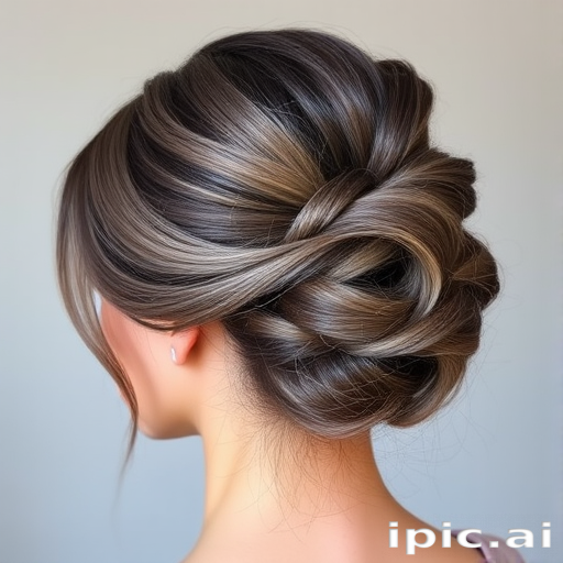 Sophisticated lady flaunting a polished French twist updo with a subtle smoky gray balayage, featuring wispy tendrils and a glossy finish