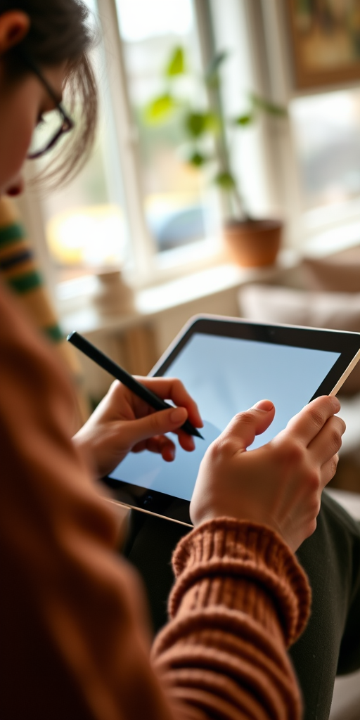 Create a high-resolution image of a person using a stylus on a tablet, captured from an over-the-shoulder angle with a shallow depth of field, using a DSLR camera at f/2.8 aperture, ISO 100, and shutter speed of 1/125 sec with natural lighting in a cozy indoor setting.