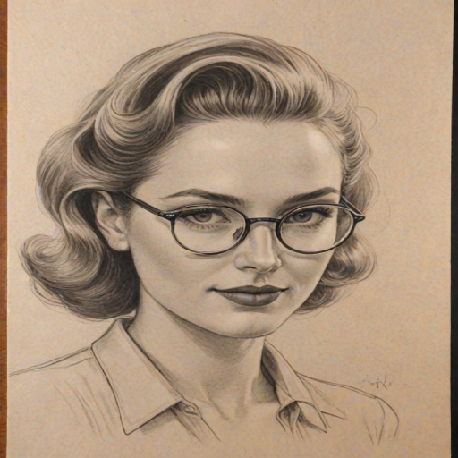 Gorgeous Sadie Stanley, pencil sketch, portrait of Enchanting woman 1944s in glasses, hair style beatnik, outline, clear lines, fine lines, 8k