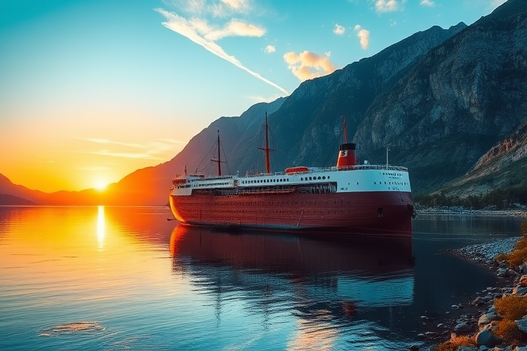 Create a highly detailed and vibrant image of a large ark docked by a serene river with majestic mountains in the background during sunset, using a DSLR camera with a 24mm lens, aperture f/8, ISO 100, and a soft focus effect to enhance the scenery.