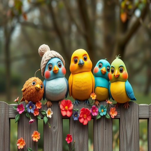 create a scene of 4 quirky  whimsical colourful comical birds each with a funny expression. they are sat on a wooden fence with colourful flowers. they are all different sizes. each one is a different colour  one is wearing a woolly hat. Each one has a different quirky google expression and there is a muted background of trees watercolour paintierly style high definition 8k resolution 3D paper mache