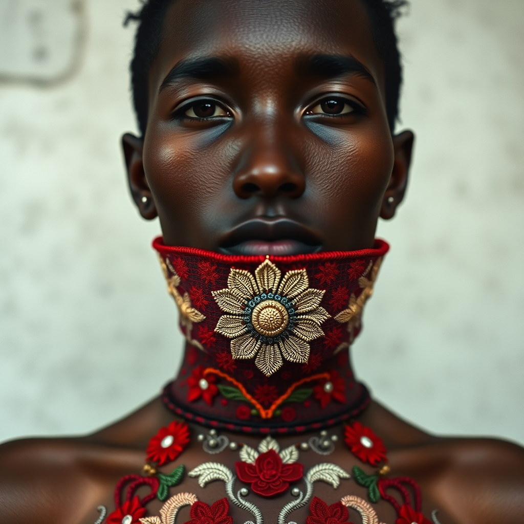Face, shoulders, chest covered in openwork Maya embroidery. Raw, unedited image.