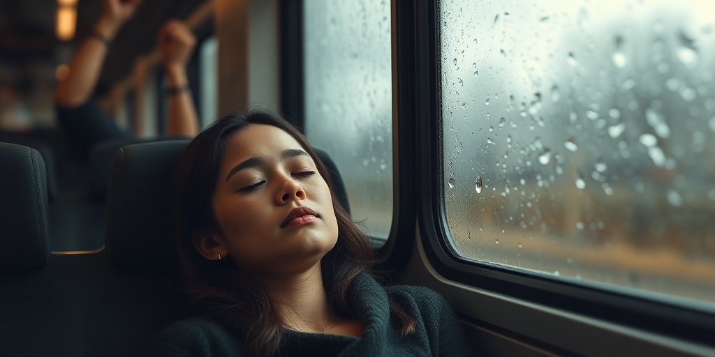 A young woman sleeping peacefully against a rain-soaked window in a train, captured with a Canon EOS R5, 50mm lens, f/1.8 aperture, ISO 200, natural light, shallow depth of field, soft focus background.