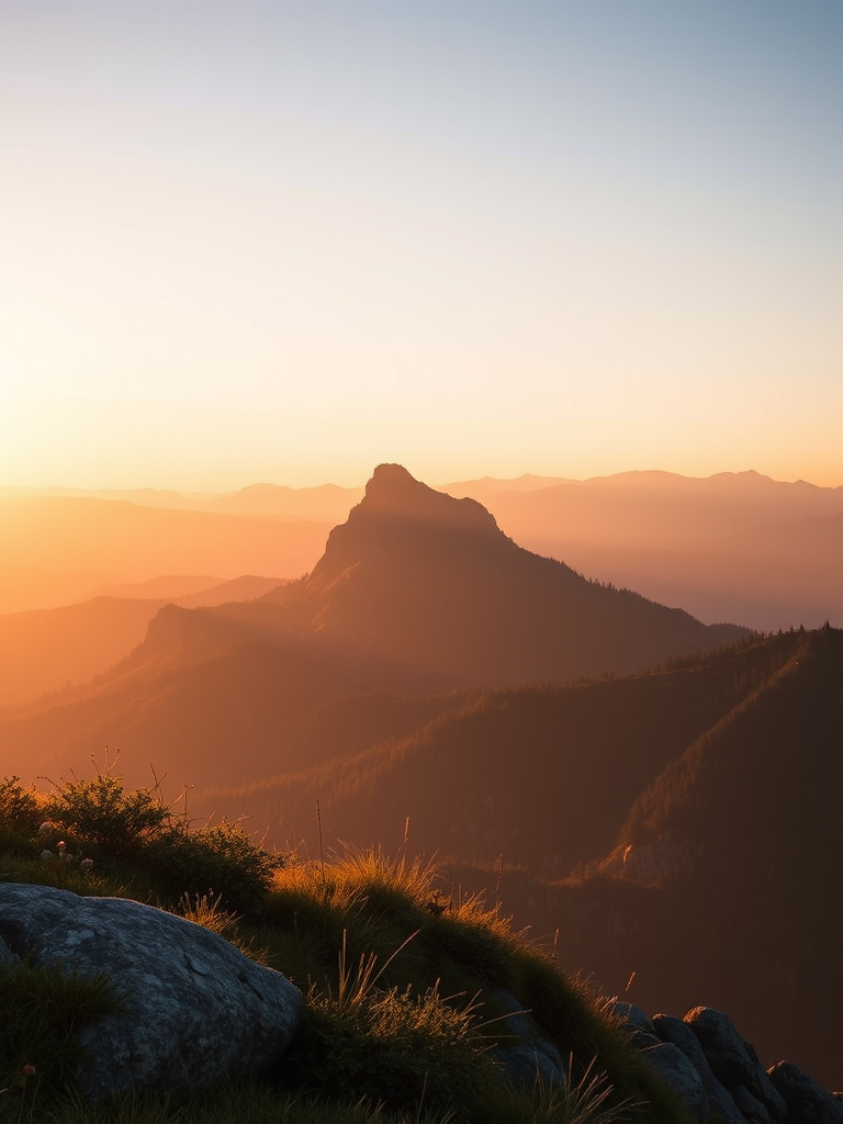 Create a high-resolution digital artwork of a peaceful mountain landscape at sunrise, using a full-frame DSLR camera with a 24mm f/2.8 lens, at ISO 100, f/8, and a shutter speed of 1/125 sec, with a wide-angle view and soft natural lighting to enhance colors and depth.
