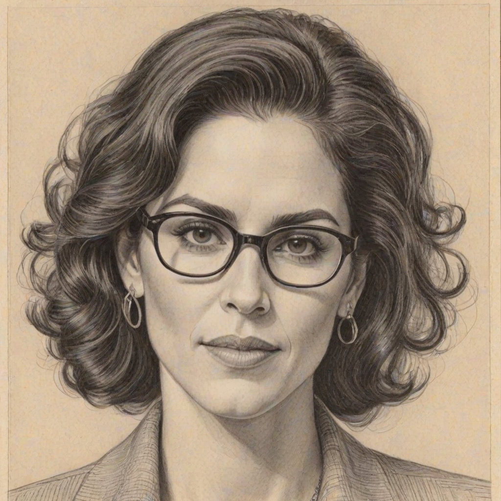 Charming Jami Gertz, pencil sketch, portrait of Fascinating woman 1938s in glasses, hair style beatnik, outline, clear lines, fine lines, 8k