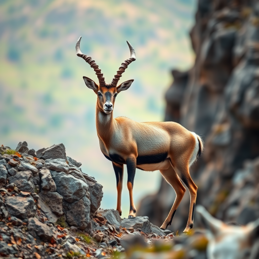 Regenerate a high-resolution image of a wild ibex standing on a rocky hillside with a blurred background, taken with a Canon EOS R5, 85mm lens, f/2.8 aperture, ISO 200, shutter speed 1/500s, natural lighting.