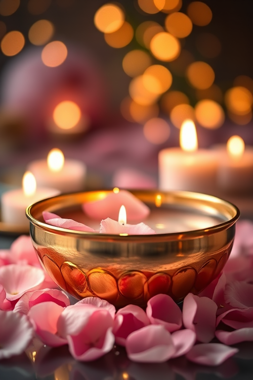 A serene scene featuring a golden bowl filled with water surrounded by soft pink rose petals and lit candles, warm bokeh lights in the background, captured with a DSLR camera at f/2.8 aperture, 50mm lens, ISO 200, with a shallow depth of field for a dreamy effect.
