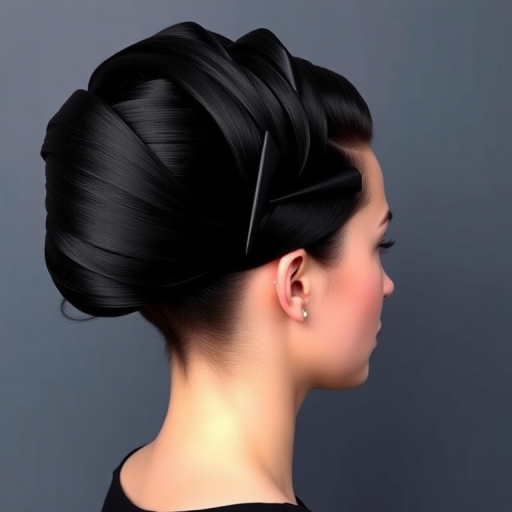 Sleek jet-black hair styled in a sculptural geometric updo, showcasing precise angles and smooth surfaces that reflect light in the avant-garde "Obsidian Origami" creation