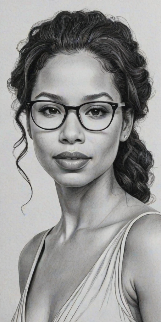 Comely Jurnee Smollett, pencil sketch, portrait of Graceful woman 1923s in glasses, hair style beatnik, outline, clear lines, fine lines, 8k