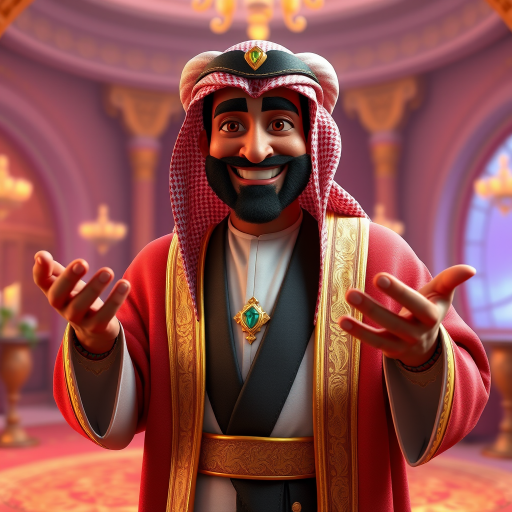 Create a 3D rendering of a wealthy Arab male sheikh from Dubai, inspired by the Disney animation style. The sheikh must have a smile and a playful but wise character. Place your character in an atmosphere of wealth and luxury. The image must be in high resolution format. Dynamic pose above the waist, gesturing with hands (Pixar Art style)++ highly detailed digital painting, art stations, concept art, soft focus, hard focus, illustrations. cinematic, visual effects, HDR, Unreal Engine 5, ray tracing, soft light, 8k, high detail, sparkling backlighting, luxury gem, game art, 3d, cartoon, colorful, magical, mysterious